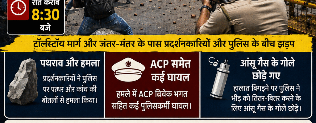 दिल्ली जंतर-मंतर पर छात्रों और पुलिस के बीच झड़प के दौरान सुरक्षा बल तैनात
