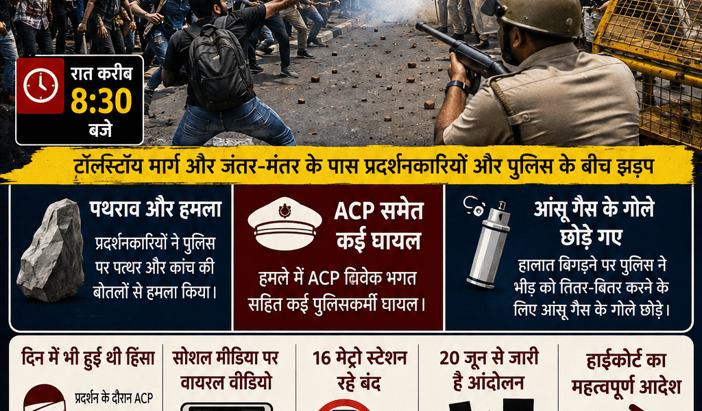 दिल्ली जंतर-मंतर पर छात्रों और पुलिस के बीच झड़प के दौरान सुरक्षा बल तैनात