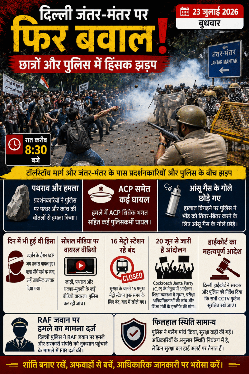 दिल्ली जंतर-मंतर पर छात्रों और पुलिस के बीच झड़प के दौरान सुरक्षा बल तैनात